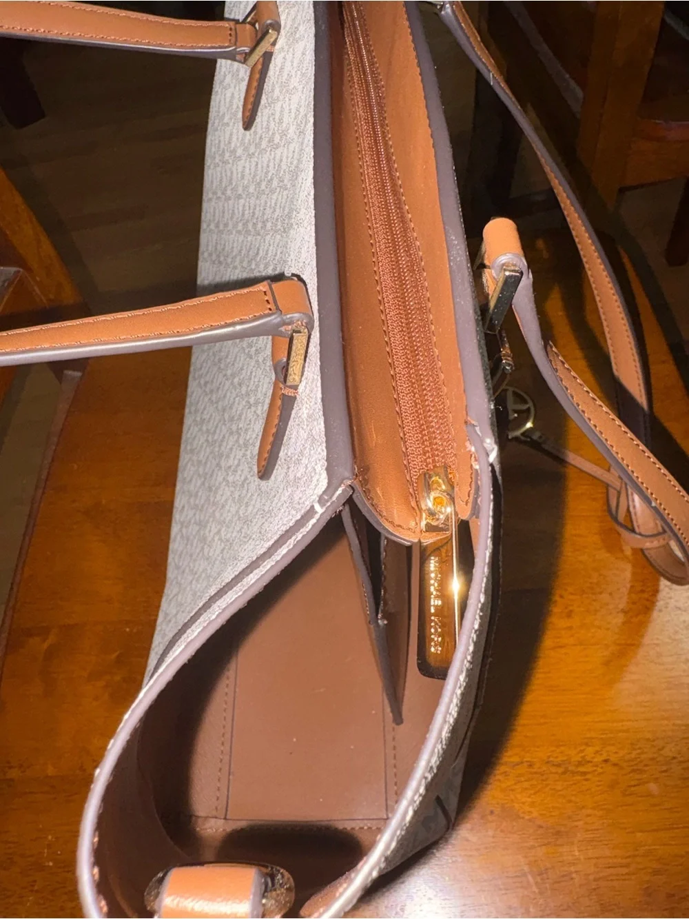 Michael Kors Cream Logo Tote with Brown Leather Straps - Picture 5 of 6